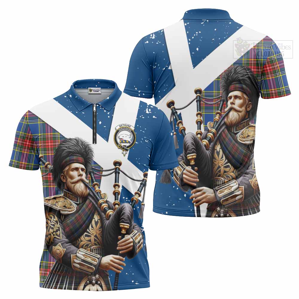 Tartan Vibes Clothing Bethune Tartan Zipper Polo Shirt with Family Crest Scottish Bagpiper Vibes