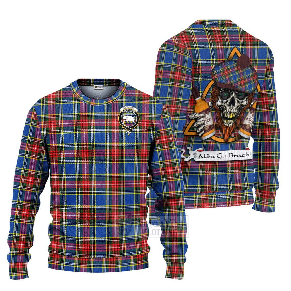 Tartan Vibes Clothing Bethune Tartan Knitted Sweater with Family Crest and Bearded Skull Holding Bottles of Whiskey