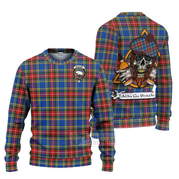 Tartan Vibes Clothing Bethune Tartan Knitted Sweater with Family Crest and Bearded Skull Holding Bottles of Whiskey