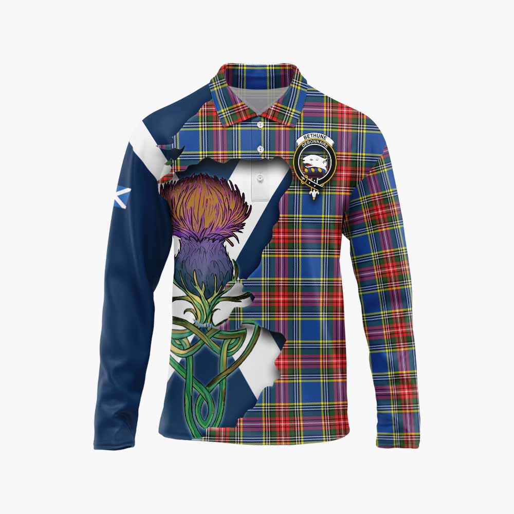 Tartan Vibes Clothing Bethune Tartan Family Crest Long Sleeve Polo Shirt Scottish Thistle Celtic Inspired