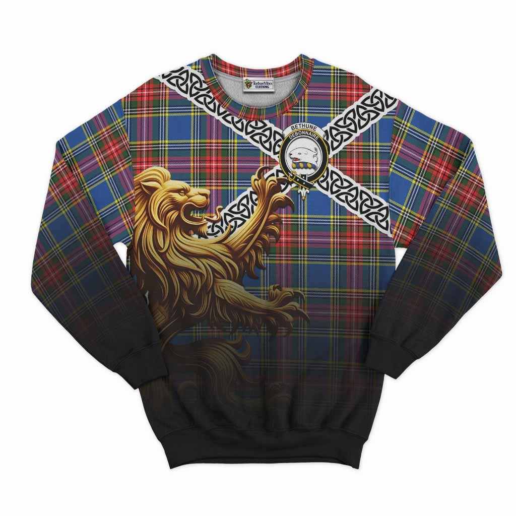 Tartan Vibes Clothing Bethune Crest Tartan Sweatshirt with Golden Lion Emblem Celtic Style