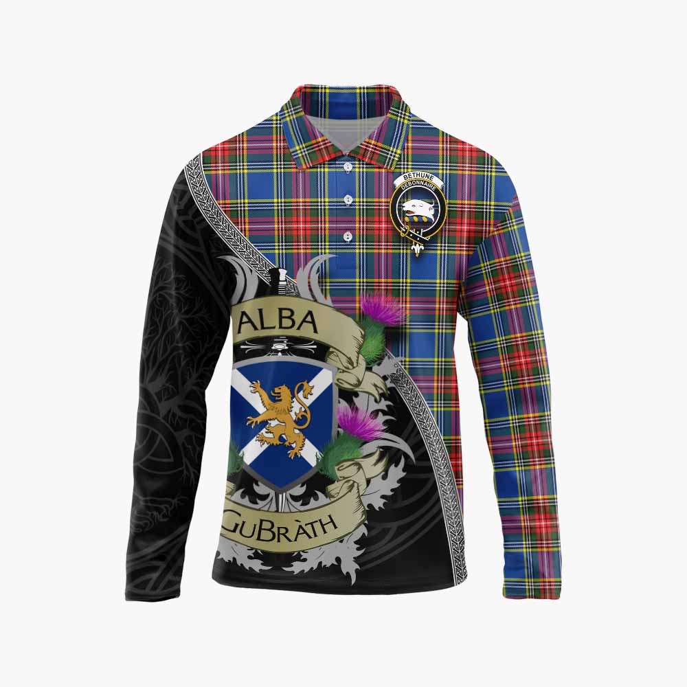Tartan Vibes Clothing Bethune Tartan Family Crest Long Sleeve Polo Shirt Lion Rampant Royal Thistle Shield Celtic Inspired