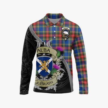 Bethune Tartan Family Crest Long Sleeve Polo Shirt Lion Rampant Royal Thistle Shield Celtic Inspired