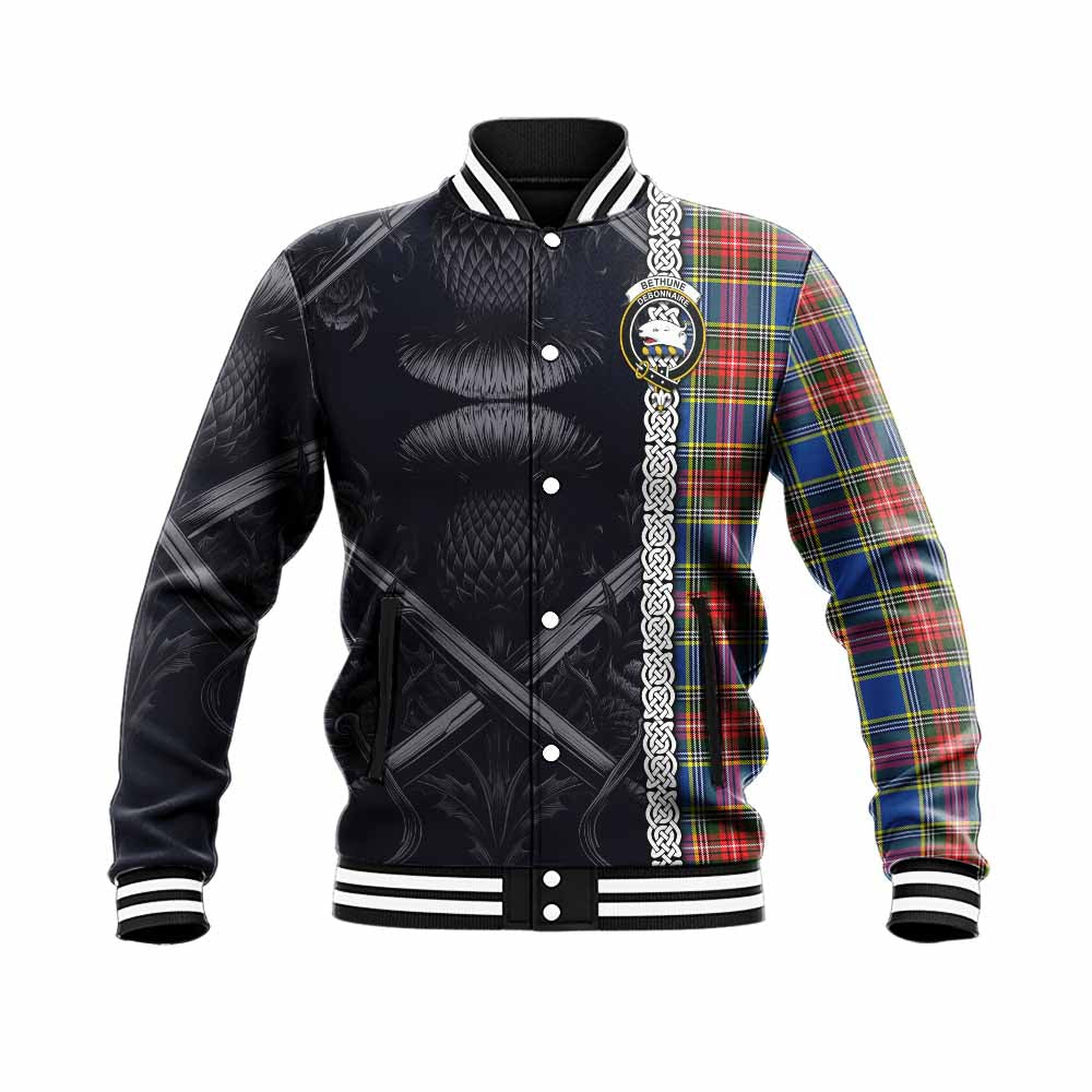 Tartan Vibes Clothing Bethune Tartan Baseball Jacket with Family Crest Cross Sword Thistle Celtic Vibes