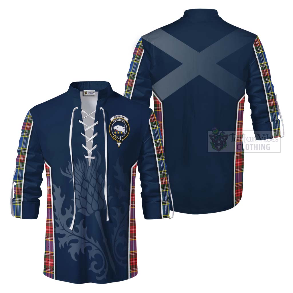 Tartan Vibes Clothing Bethune Tartan Ghillie Kilt Shirt with Family Crest and Scottish Thistle Vibes Sport Style