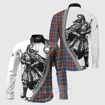 Bethune Tartan Clan Crest Long Sleeve Button Shirt with Highlander Warrior Celtic Style