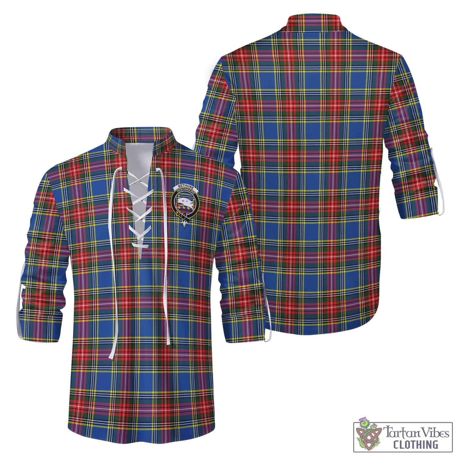 Tartan Vibes Clothing Bethune Tartan Men's Scottish Traditional Jacobite Ghillie Kilt Shirt with Family Crest