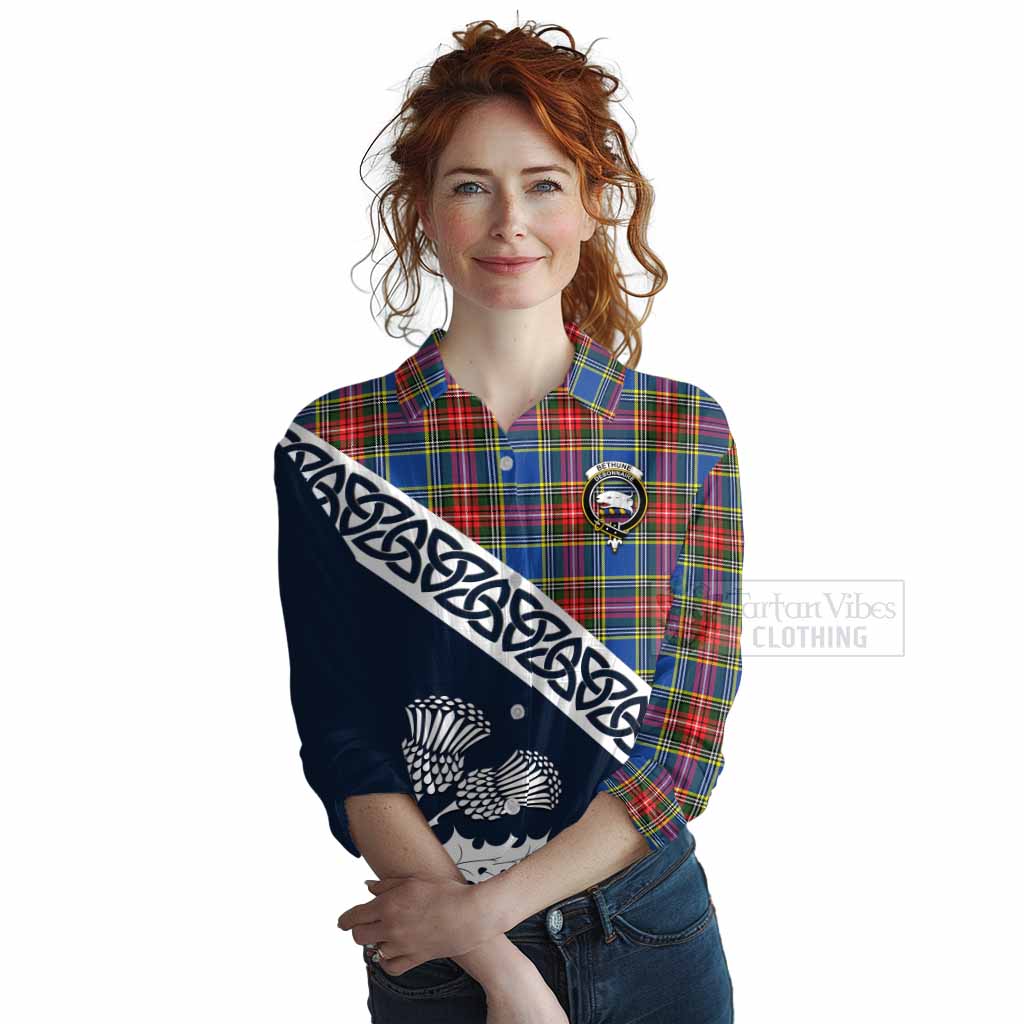 Tartan Vibes Clothing Bethune Tartan Women's Casual Shirt Featuring Thistle and Scotland Map