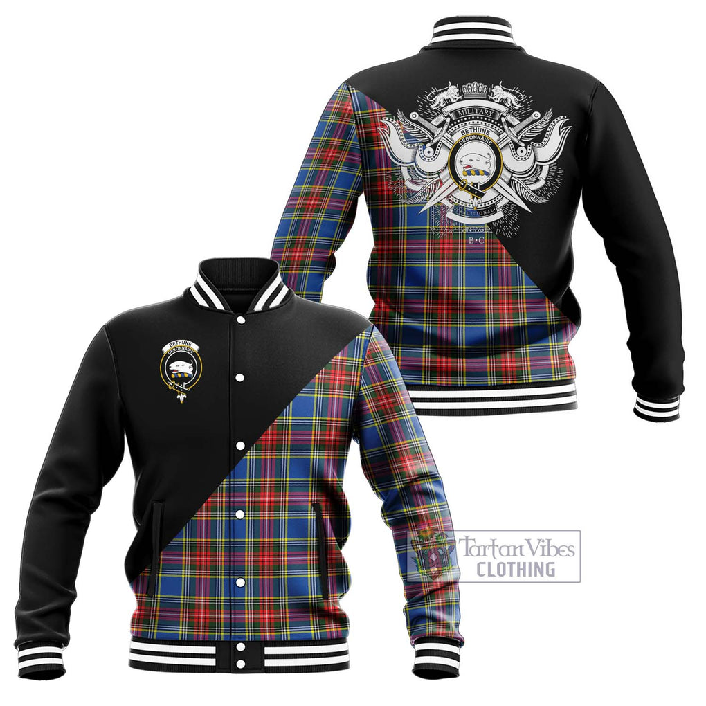 Bethune Tartan Baseball Jacket with Family Crest and Military Logo Style Unisex - Tartanvibesclothing Shop