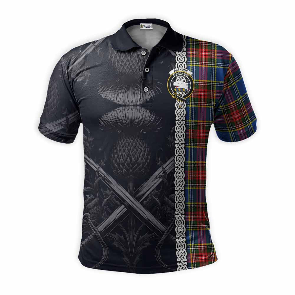Tartan Vibes Clothing Bethune Tartan Polo Shirt with Family Crest Cross Sword Thistle Celtic Vibes