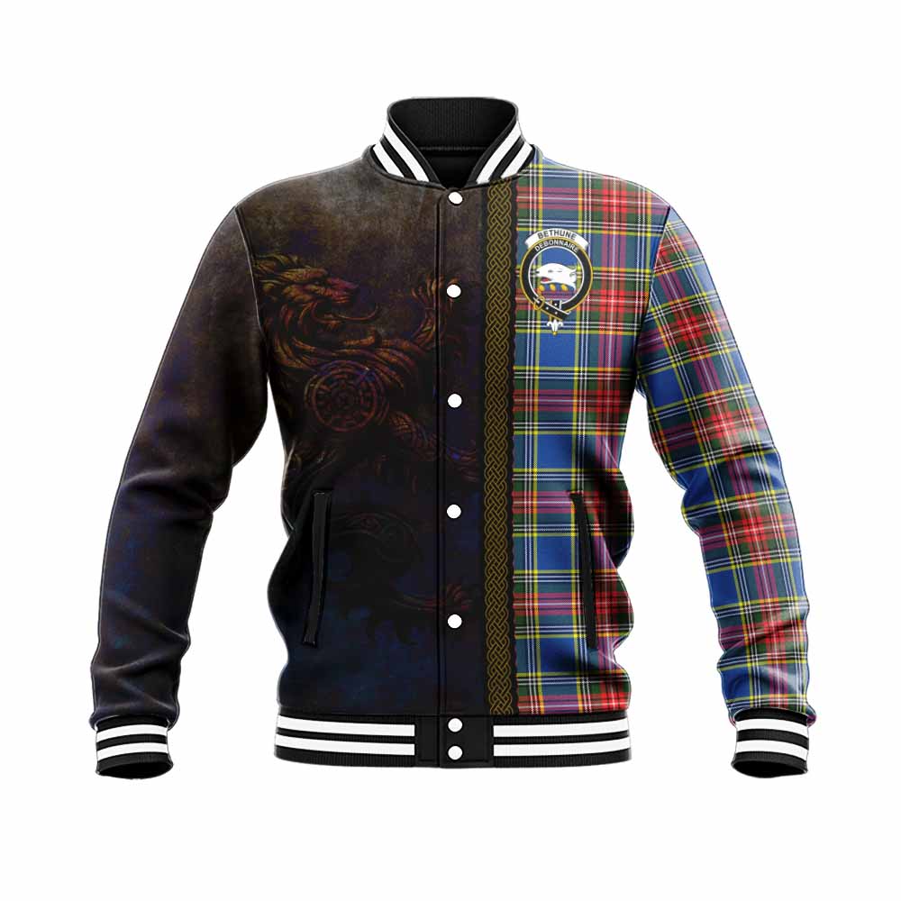 Tartan Vibes Clothing Bethune Tartan Family Crest Baseball Jacket Alba Gu Brath Be Brave Lion Ancient Style