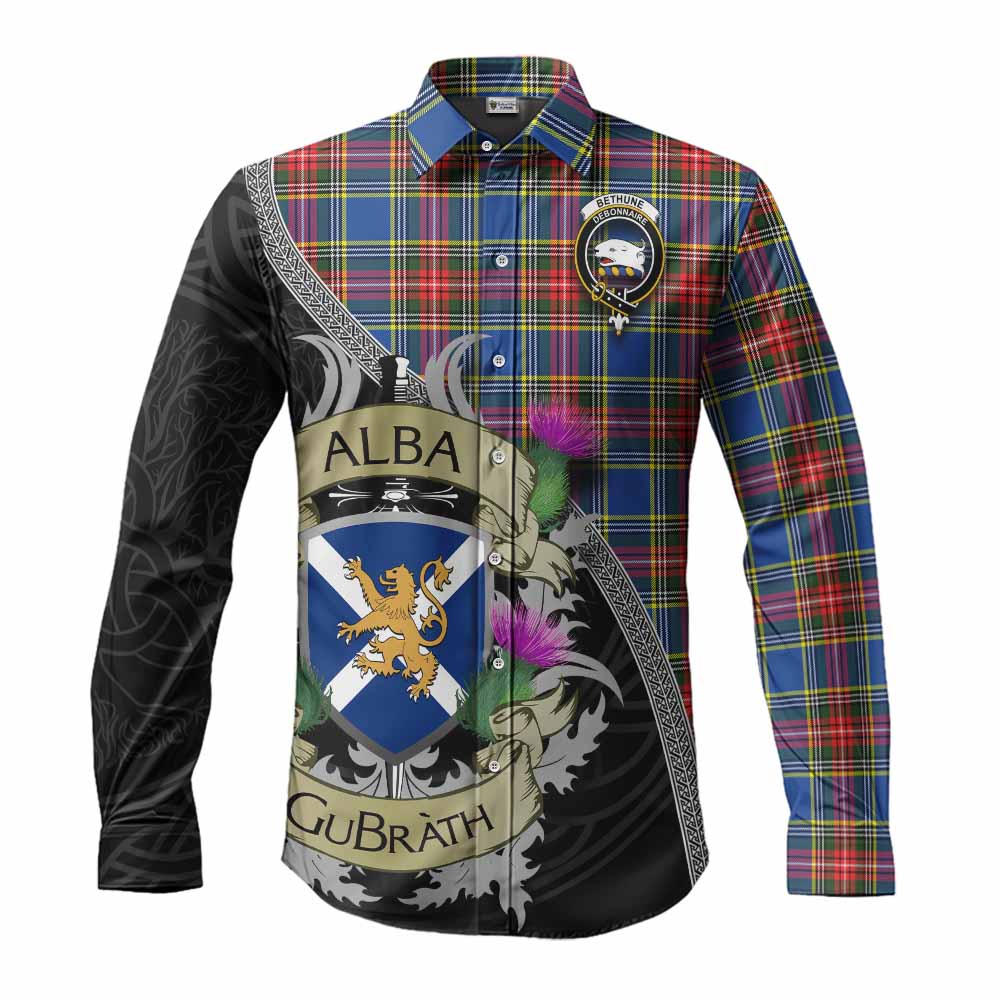Tartan Vibes Clothing Bethune Tartan Family Crest Long Sleeve Button Shirt Lion Rampant Royal Thistle Shield Celtic Inspired