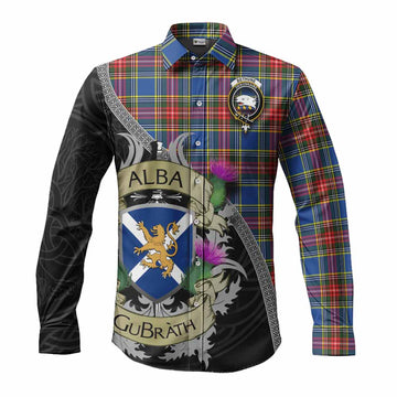 Bethune Tartan Family Crest Long Sleeve Button Shirt Lion Rampant Royal Thistle Shield Celtic Inspired