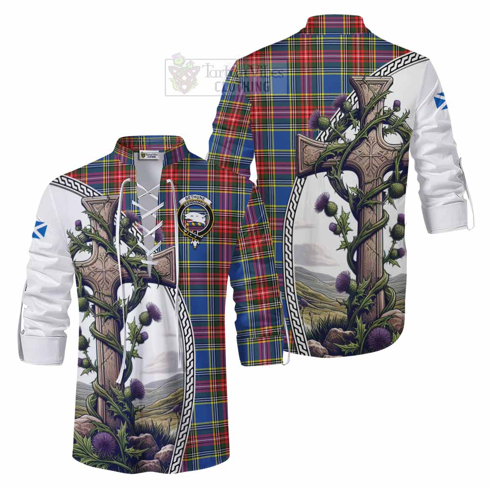 Tartan Vibes Clothing Bethune Tartan Ghillie Kilt Shirt with Family Crest and St. Andrew's Cross Accented by Thistle Vines