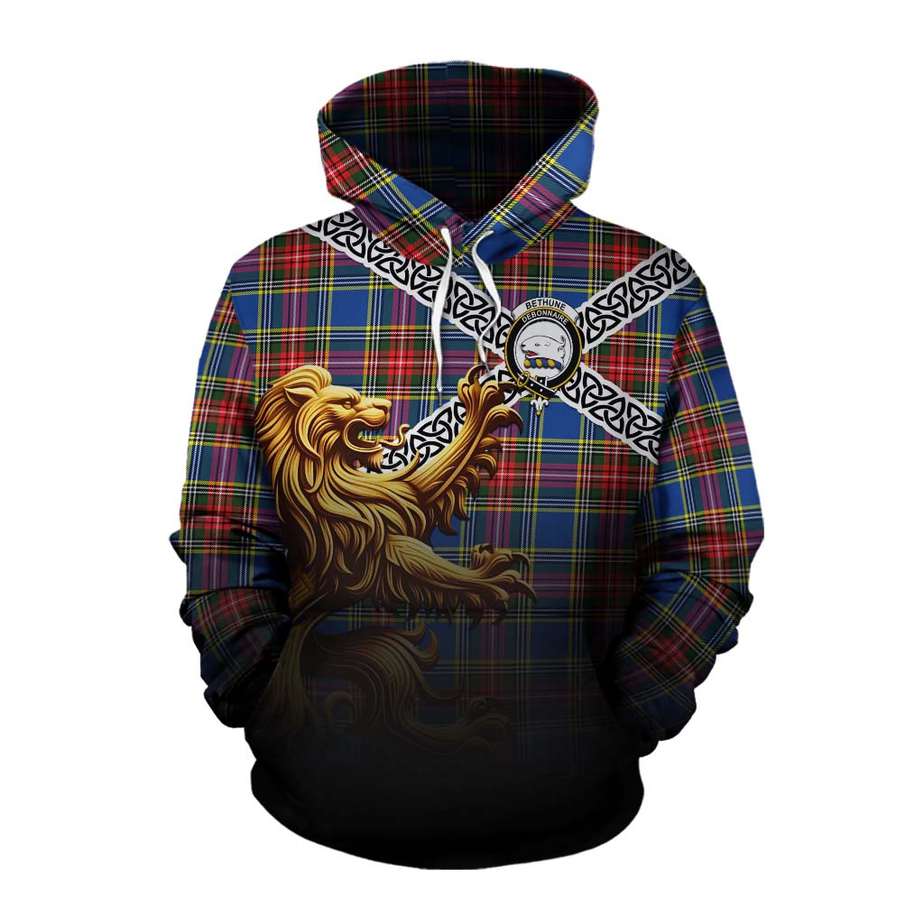 Tartan Vibes Clothing Bethune Crest Tartan Cotton Hoodie with Golden Lion Emblem Celtic Style