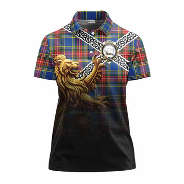 Bethune Crest Tartan Women's Polo Shirt with Golden Lion Emblem Celtic Style