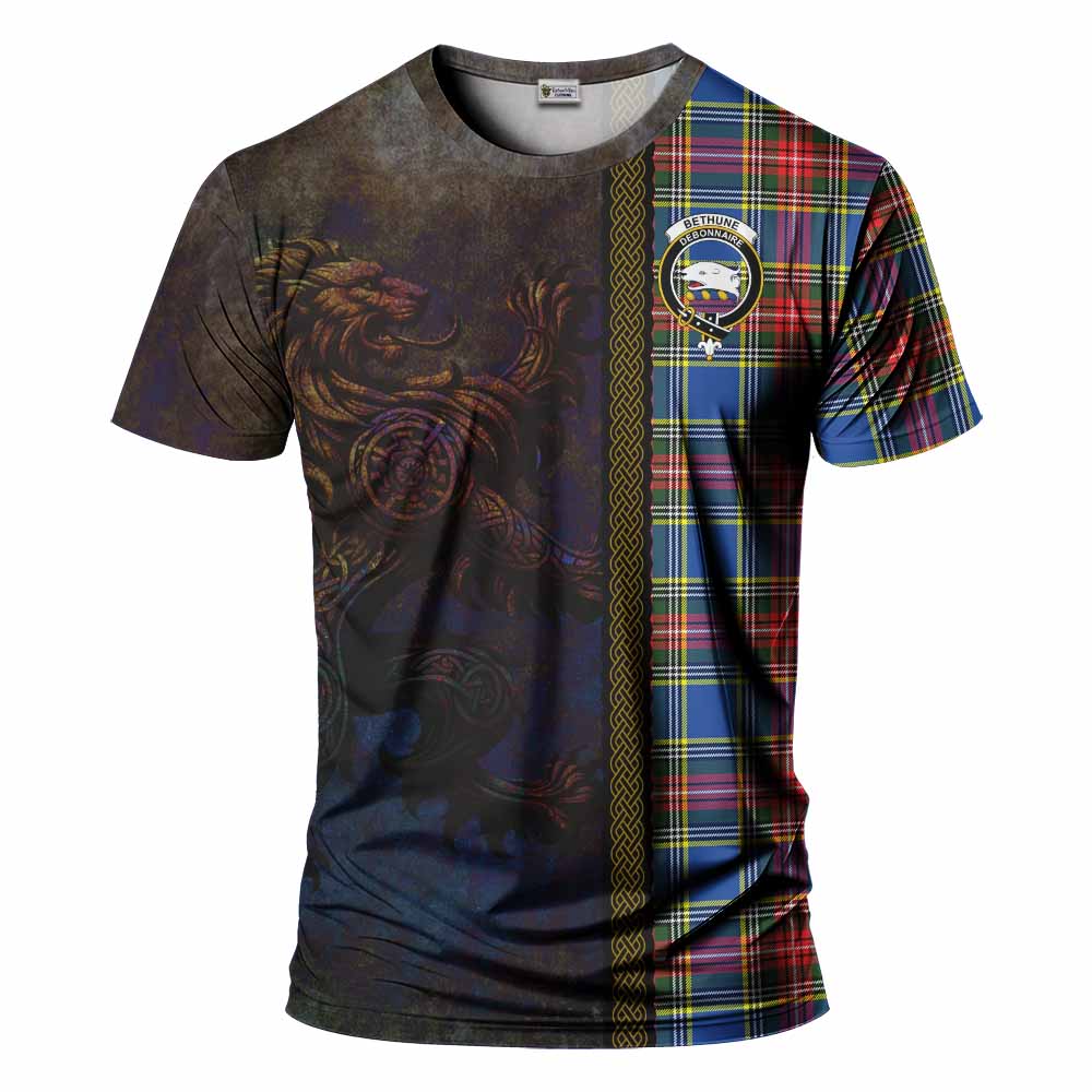 Tartan Vibes Clothing Bethune Tartan Family Crest T-Shirt Alba Gu Brath Be Brave Lion Ancient Style