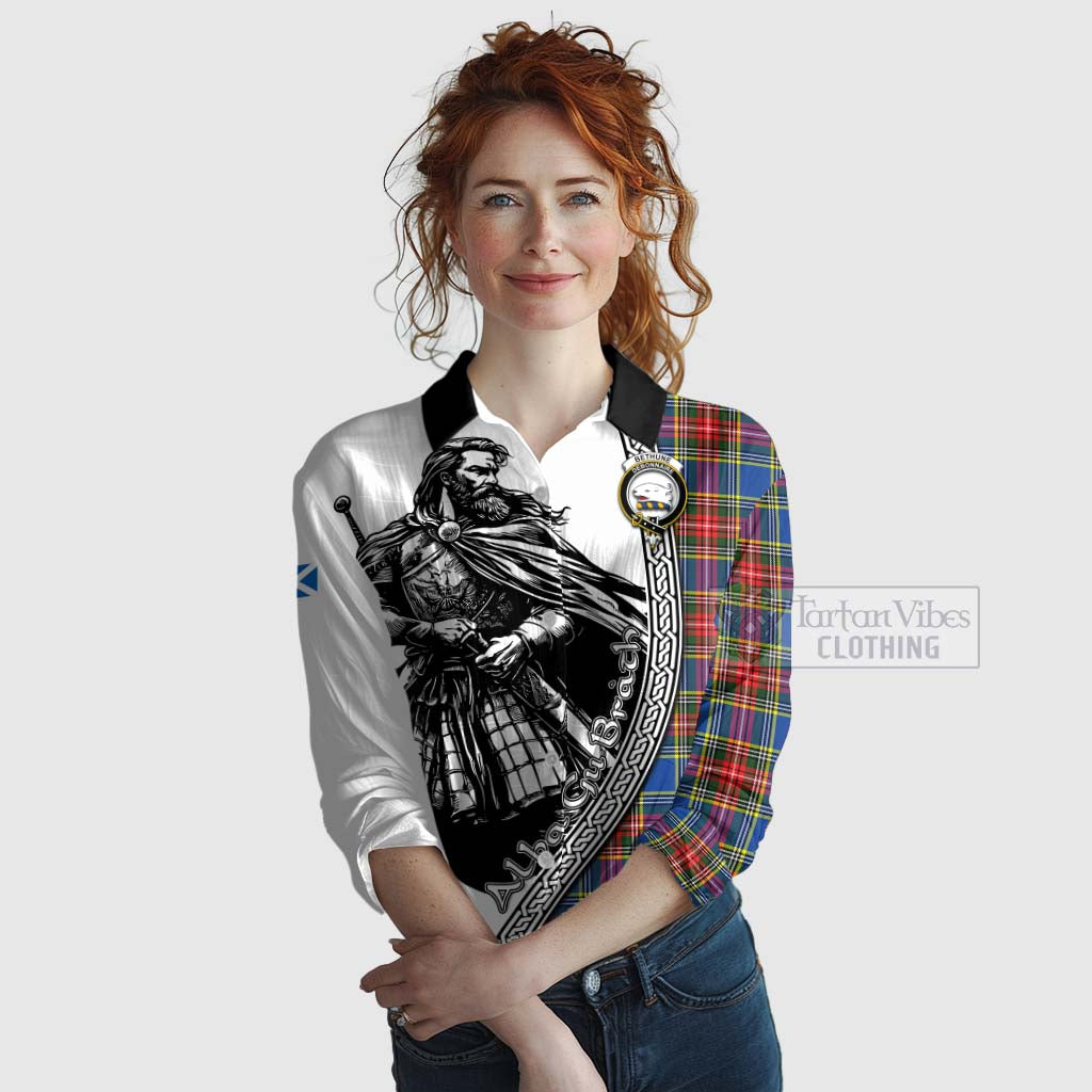 Tartan Vibes Clothing Bethune Tartan Clan Crest Women's Casual Shirt with Highlander Warrior Celtic Style