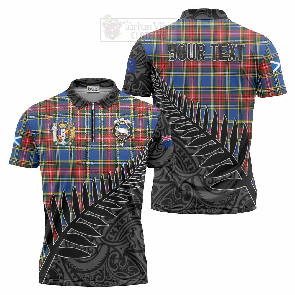 Tartan Vibes Clothing Bethune Crest Tartan Zipper Polo Shirt with New Zealand Silver Fern Half Style