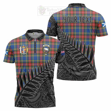 Tartan Vibes Clothing Bethune Crest Tartan Zipper Polo Shirt with New Zealand Silver Fern Half Style