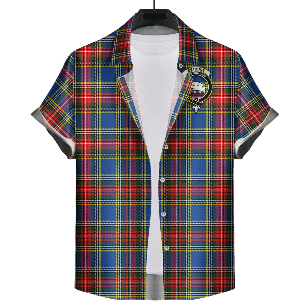 Bethune Tartan Short Sleeve Button Down Shirt with Family Crest - Tartanvibesclothing