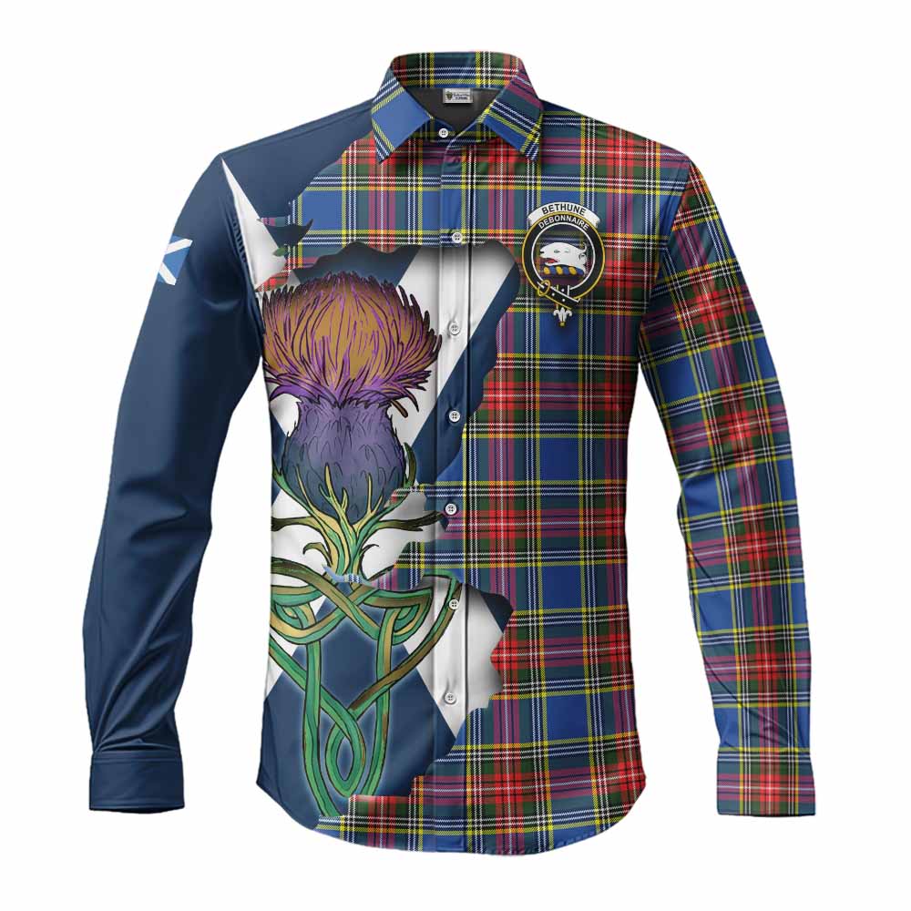 Tartan Vibes Clothing Bethune Tartan Family Crest Long Sleeve Button Shirt Scottish Thistle Celtic Inspired