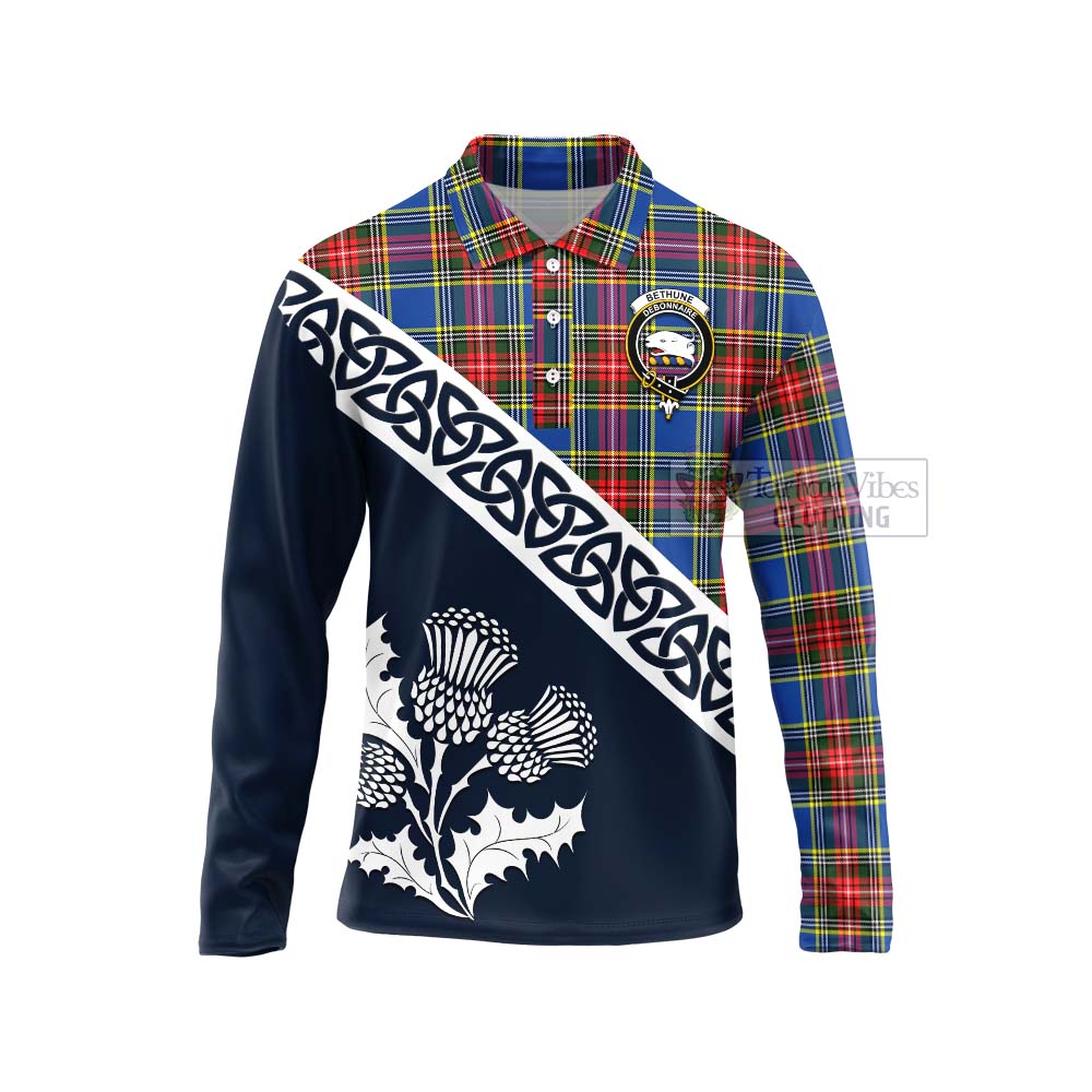 Tartan Vibes Clothing Bethune Tartan Long Sleeve Polo Shirt Featuring Thistle and Scotland Map