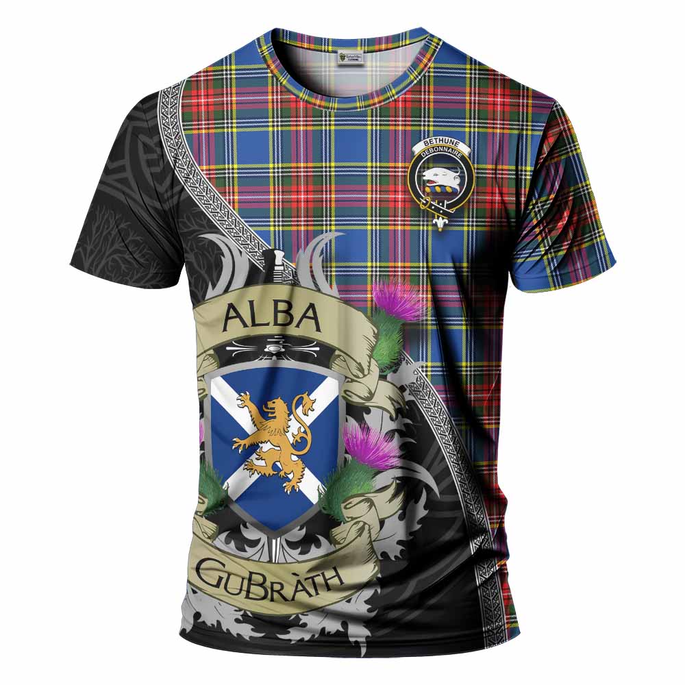 Tartan Vibes Clothing Bethune Tartan Family Crest T-Shirt Lion Rampant Royal Thistle Shield Celtic Inspired