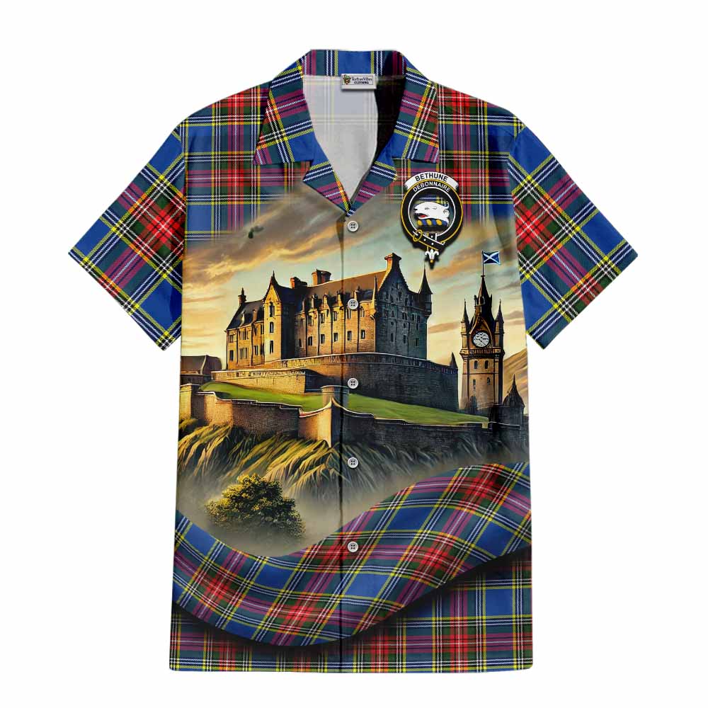 Tartan Vibes Clothing Bethune Tartan Family Crest Short Sleeve Button Shirt with Scottish Ancient Castle Style