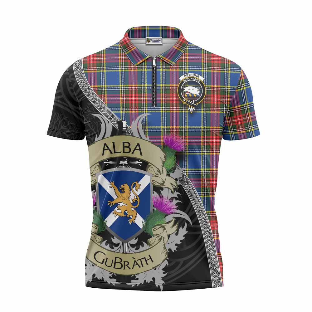 Tartan Vibes Clothing Bethune Tartan Family Crest Zipper Polo Shirt Lion Rampant Royal Thistle Shield Celtic Inspired