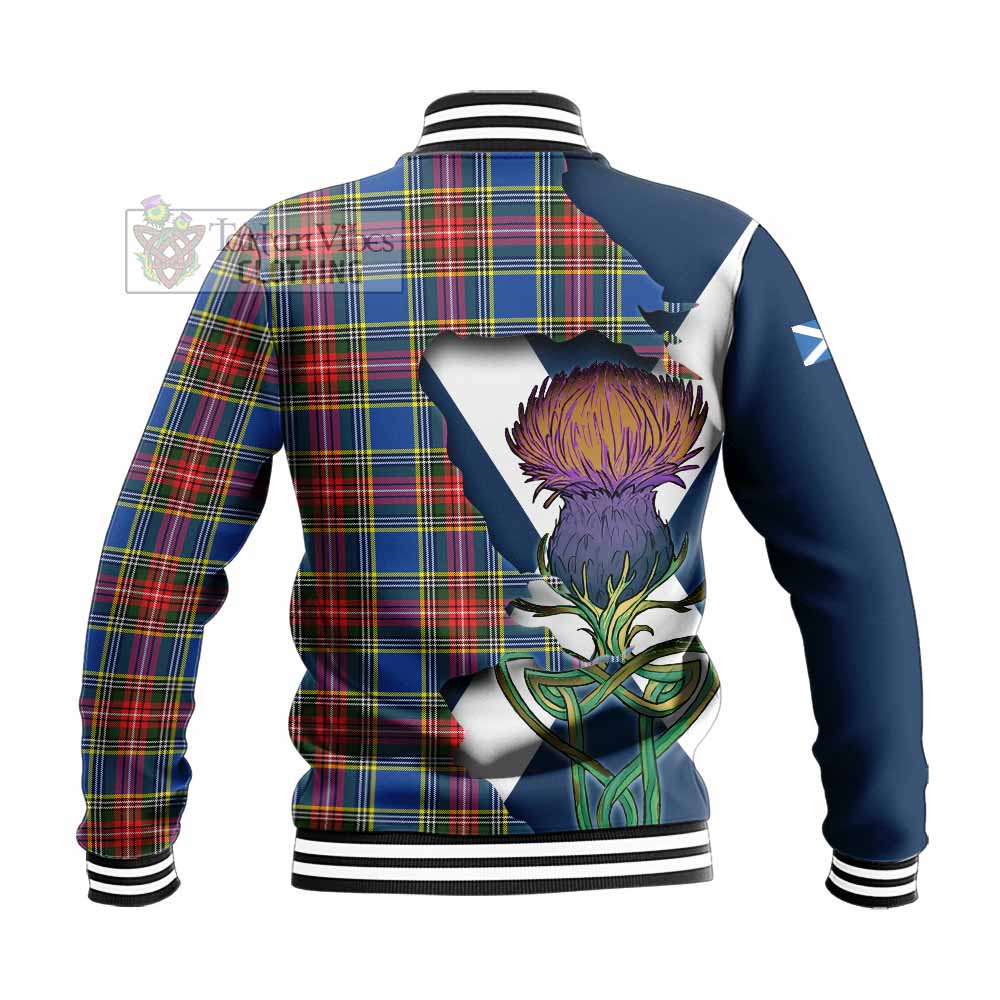 Tartan Vibes Clothing Bethune Tartan Family Crest Baseball Jacket Scottish Thistle Celtic Inspired