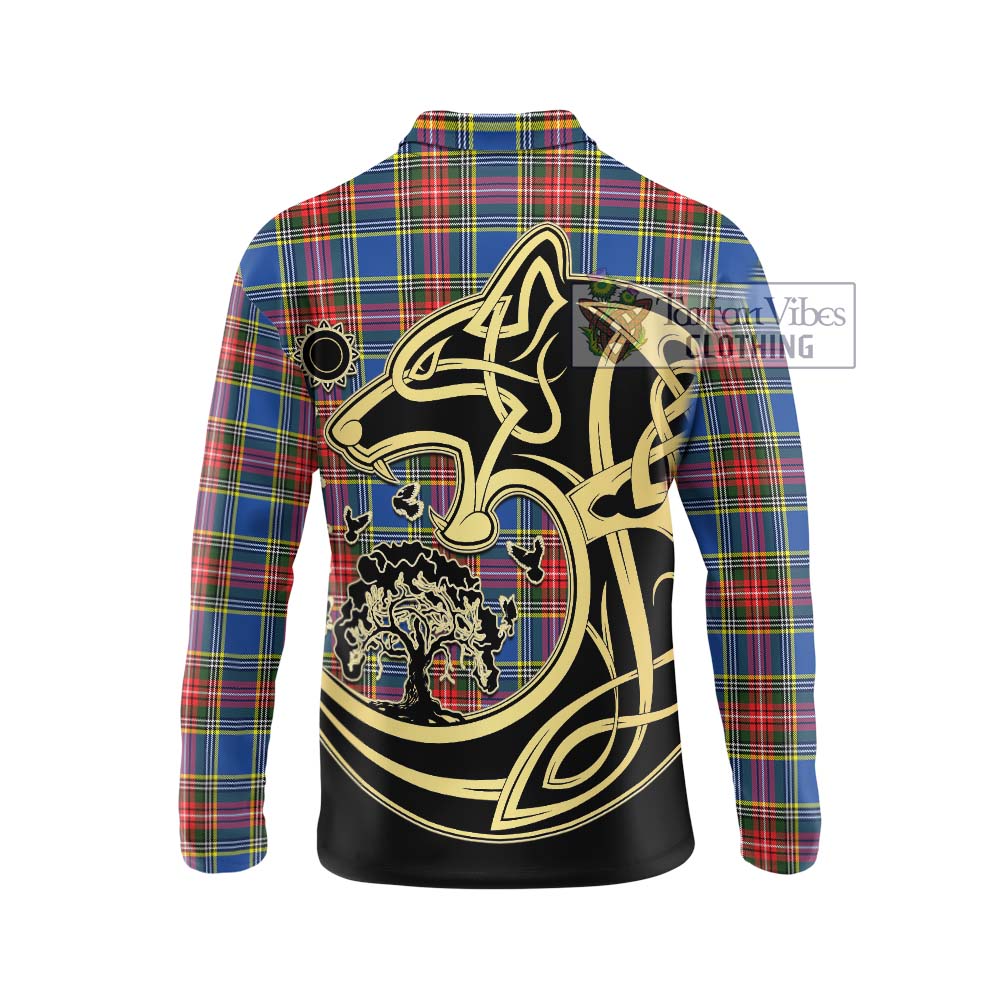Bethune Tartan Long Sleeve Polo Shirt with Family Crest Celtic Wolf Style - Tartanvibesclothing Shop