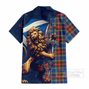 Tartan Vibes Clothing Bethune Tartan Family Crest Short Sleeve Button Shirt with Scottish Majestic Lion