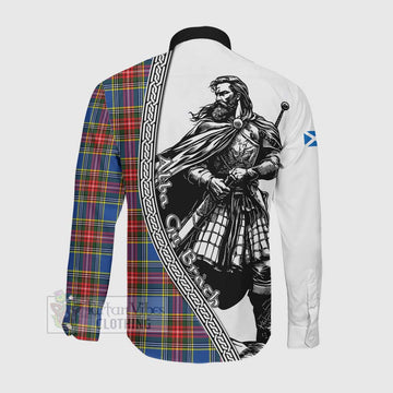 Bethune Tartan Clan Crest Long Sleeve Button Shirt with Highlander Warrior Celtic Style