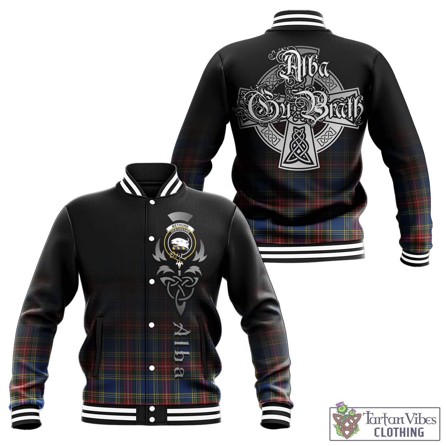 Tartan Vibes Clothing Bethune Tartan Baseball Jacket Featuring Alba Gu Brath Family Crest Celtic Inspired