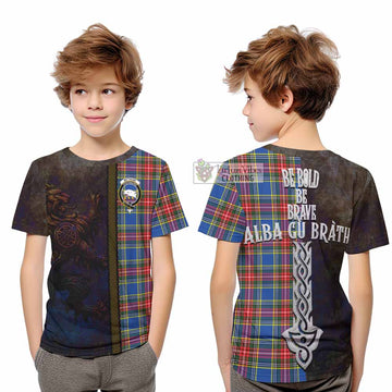 Bethune Tartan Family Crest Kid T-Shirt Alba Gu Brath Be Brave Lion Ancient Style
