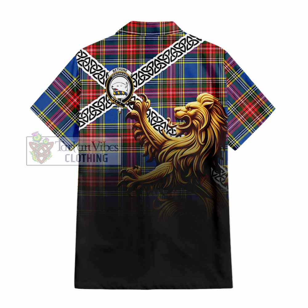 Tartan Vibes Clothing Bethune Crest Tartan Short Sleeve Button Shirt with Golden Lion Emblem Celtic Style