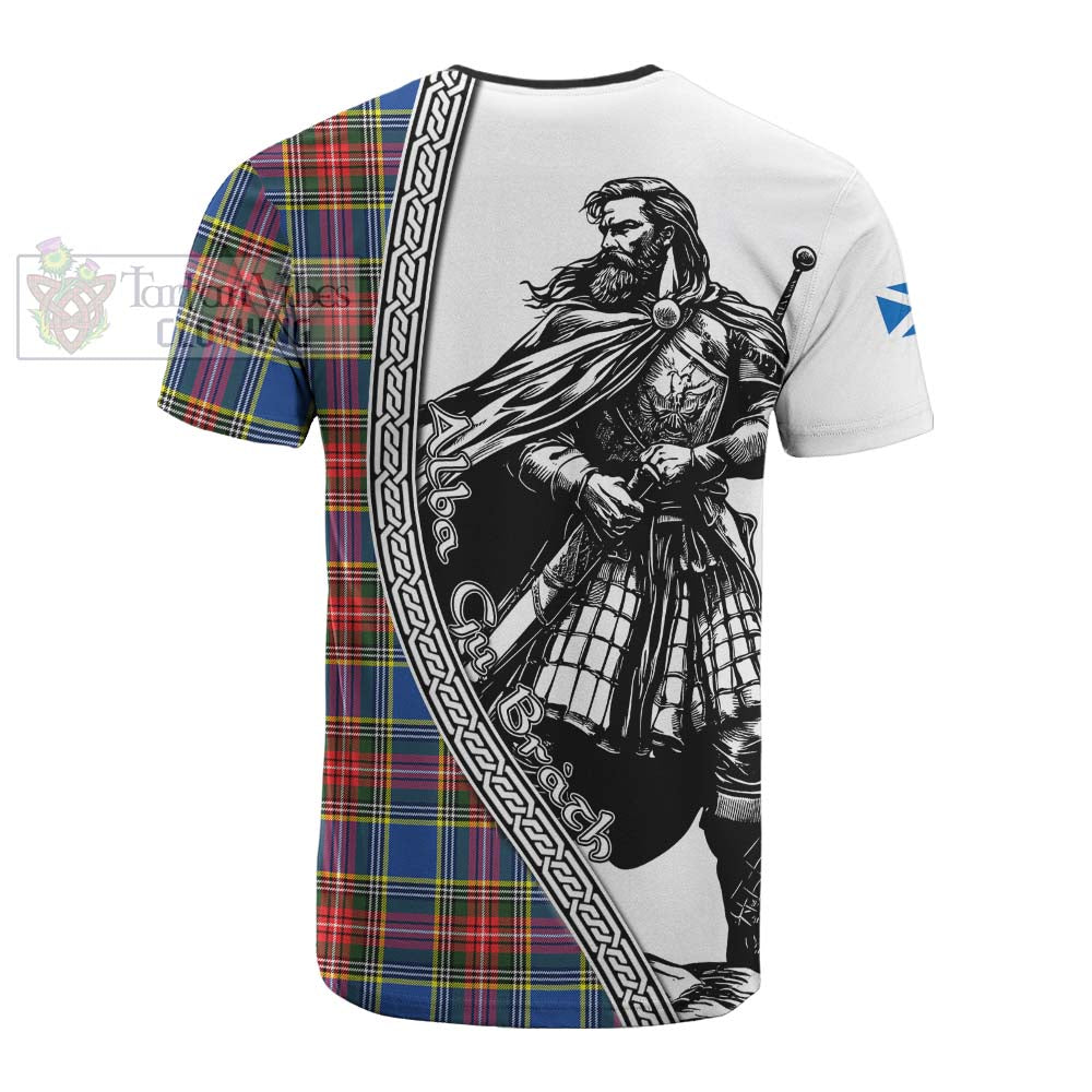Bethune Tartan Clan Crest Cotton T-shirt with Highlander Warrior Celtic Style