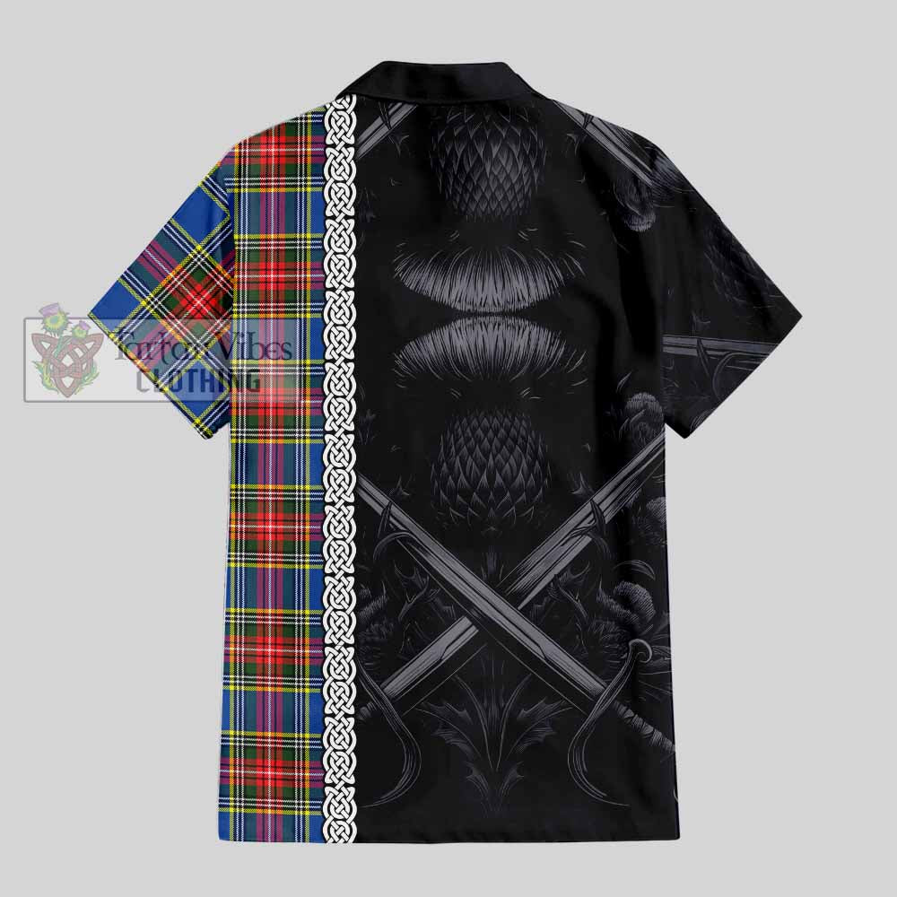 Tartan Vibes Clothing Bethune Tartan Short Sleeve Button Shirt with Family Crest Cross Sword Thistle Celtic Vibes
