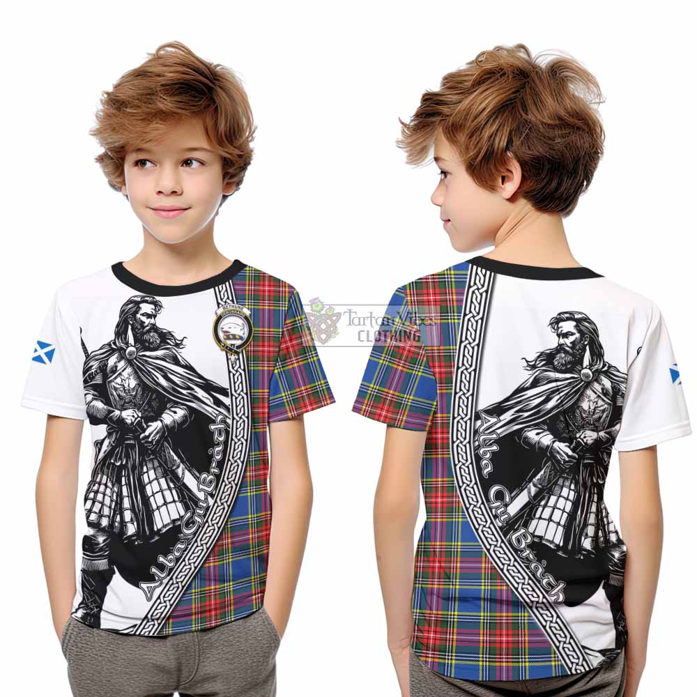Bethune Tartan Clan Crest Kid T-Shirt with Highlander Warrior Celtic Style