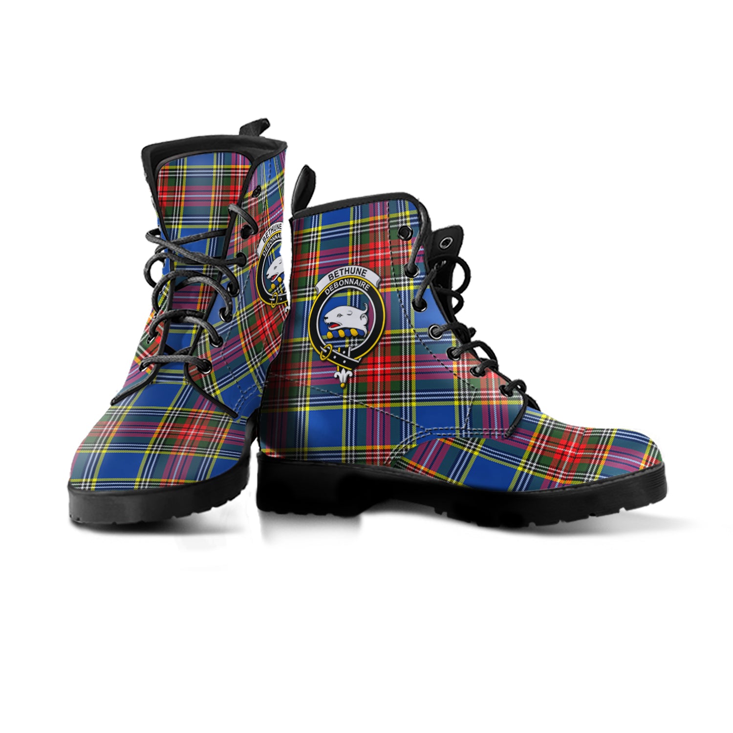 Bethune Tartan Leather Boots with Family Crest - Tartanvibesclothing