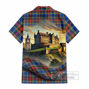 Tartan Vibes Clothing Bethune Tartan Family Crest Short Sleeve Button Shirt with Scottish Ancient Castle Style