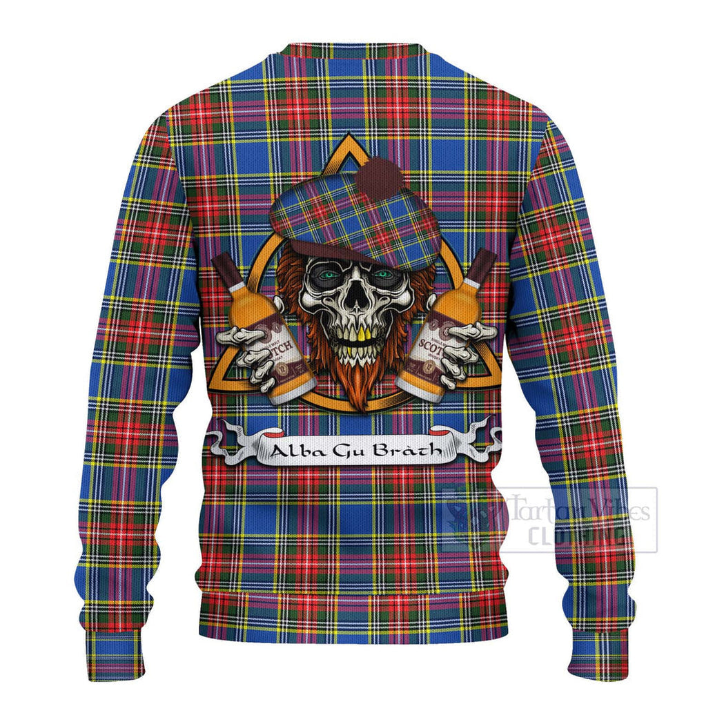 Tartan Vibes Clothing Bethune Tartan Knitted Sweater with Family Crest and Bearded Skull Holding Bottles of Whiskey