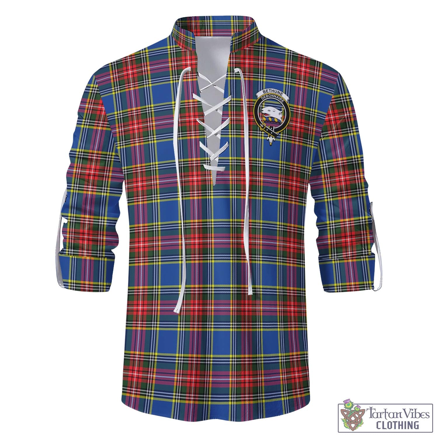 Tartan Vibes Clothing Bethune Tartan Men's Scottish Traditional Jacobite Ghillie Kilt Shirt with Family Crest