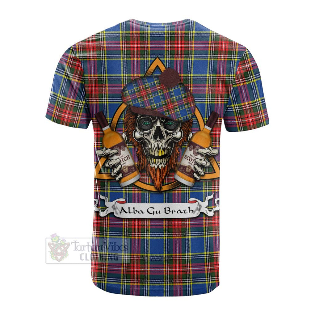 Tartan Vibes Clothing Bethune Tartan Cotton T-shirt with Family Crest and Bearded Skull Holding Bottles of Whiskey