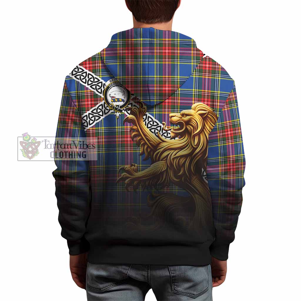 Tartan Vibes Clothing Bethune Crest Tartan Hoodie with Golden Lion Emblem Celtic Style