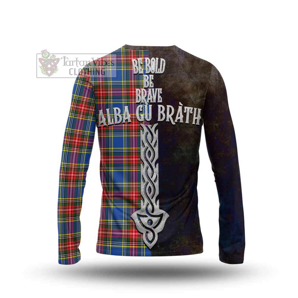 Tartan Vibes Clothing Bethune Tartan Family Crest Long Sleeve T-Shirt Alba Gu Brath Be Brave Lion Ancient Style