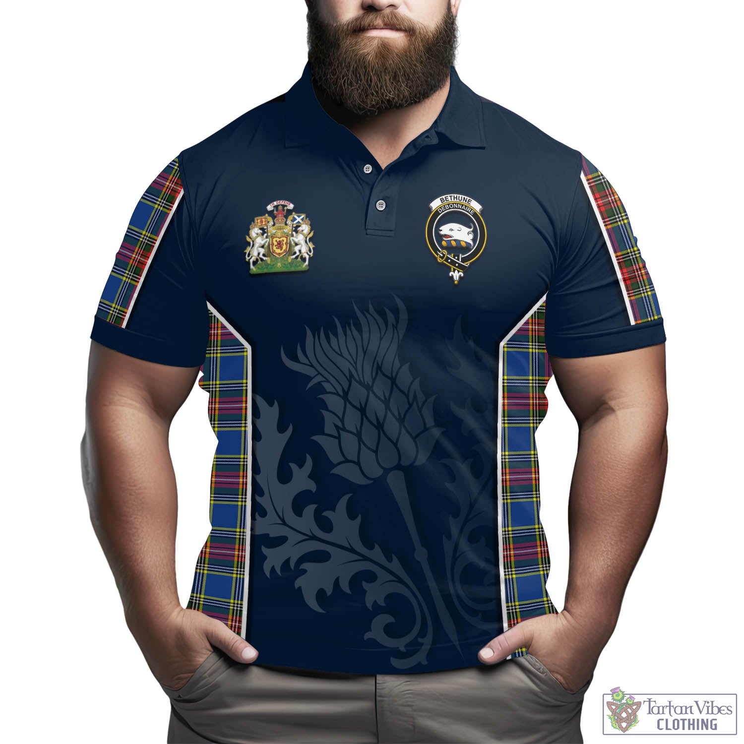 Tartan Vibes Clothing Bethune Tartan Men's Polo Shirt with Family Crest and Scottish Thistle Vibes Sport Style