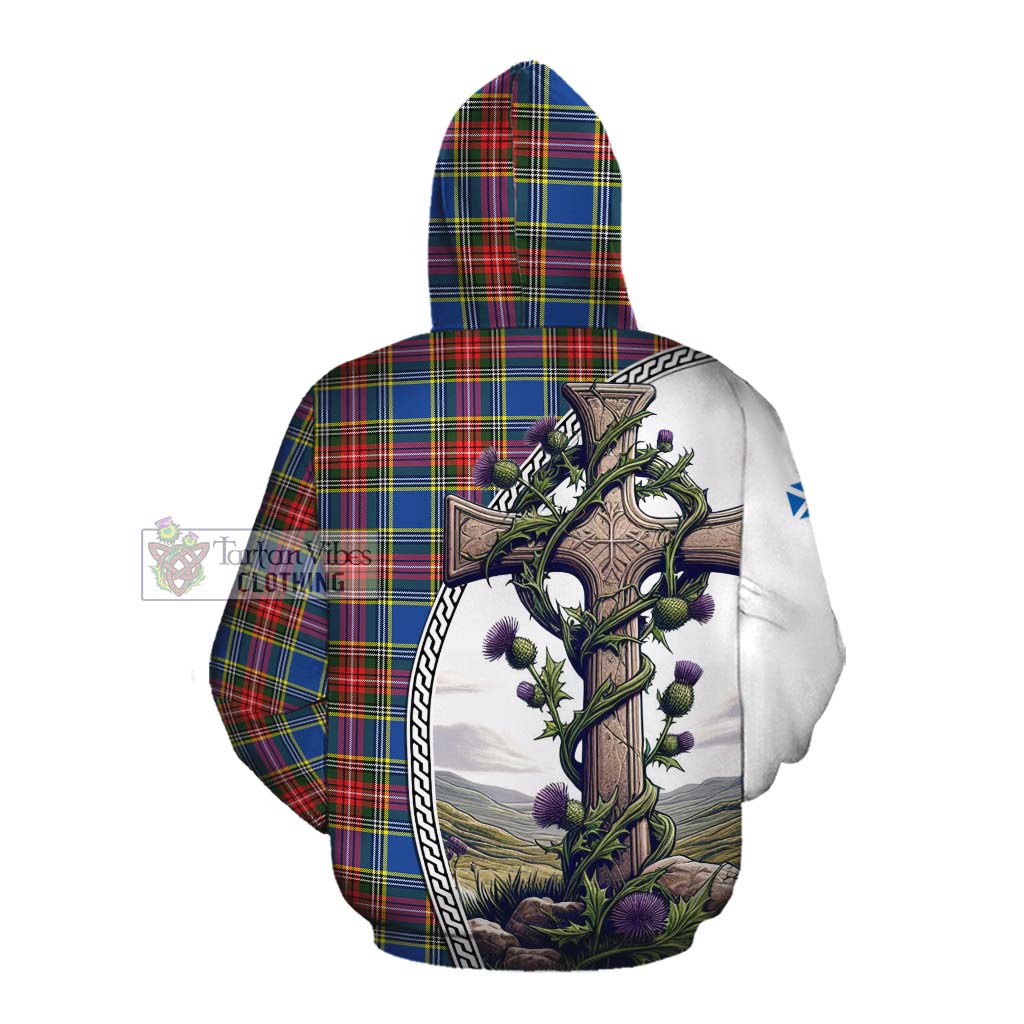 Tartan Vibes Clothing Bethune Tartan Cotton Hoodie with Family Crest and St. Andrew's Cross Accented by Thistle Vines