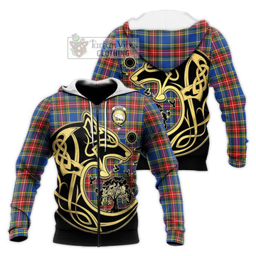 Bethune Tartan Knitted Hoodie with Family Crest Celtic Wolf Style Unisex Knitted Zip Hoodie - Tartan Vibes Clothing